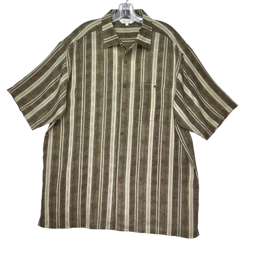 Genelli Men's Striped Shirt XL 100% Rayon Short Sleeve Beach Vintage Green
